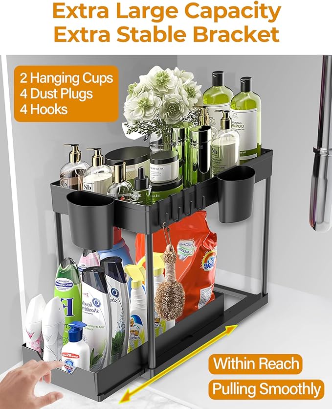 2 Pack Under Sink Organizers and Storage Bathroom, 2 Tier Under Sliding Kicthen Cabinet Basket Organizer with Hooks, Hanging Cup, Dividers, Handles, Multi-purpose Under Sink Shelf Organizer, Black