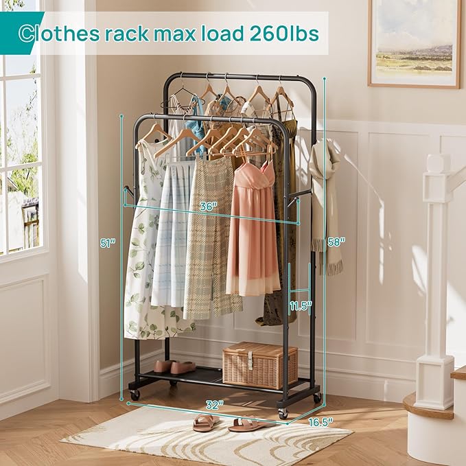 SINGAYE Clothes Clothing Rack Drying Clothing Garment Coat Hanger Rack Metal Double Bar Freestanding for Hanging Clothes Portable With Wheels Rolling Closet for Laundry Bedroom Black