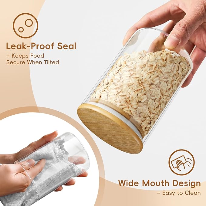 Sugar Jar Glass Salt Container,15 Ounces Clear Airtight Caning with Bamboo Lid and Spoon Scoop, Storage Overnight Oats, Salts, Coffee Bean, Spice, Creamer, Food Organizer, Pack of 1