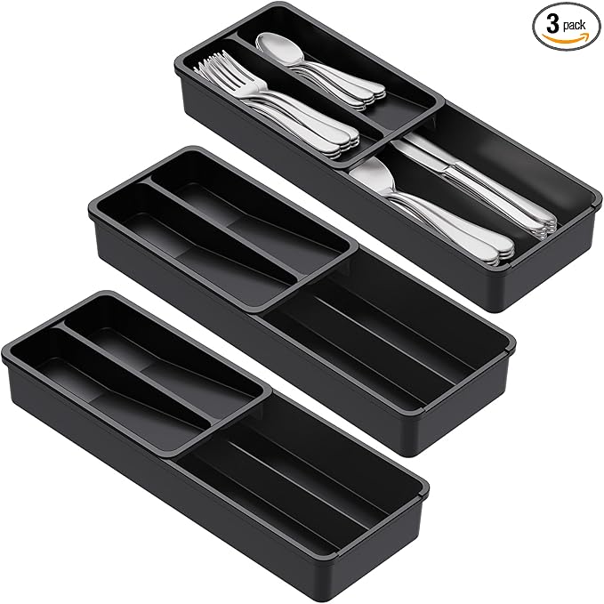 Lifewit Compact Silverware Organizer for Kitchen Drawer, Narrow Flatware Tray Holder, Plastic Cutlery Spoons, Forks and Knives Storage, Black, 3 Pack