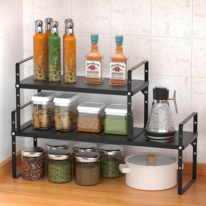 Expandable Kitchen Cabinet Shelf Organizers, Stackable Metal Pantry Storage Shelves Rack, Adjustable Counter Spice Shelf for Cabinets, Countertop, Cupboard Organizers and Storage, Black