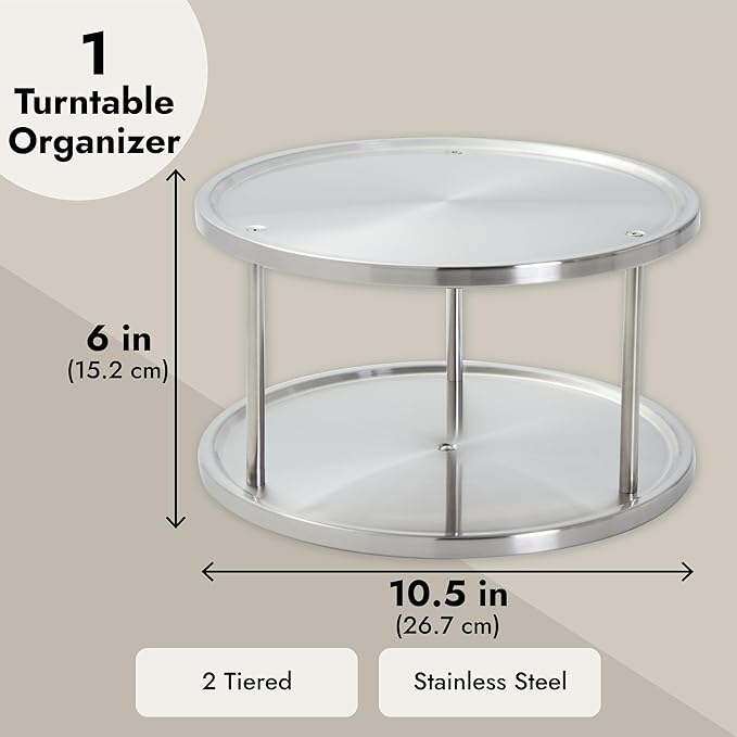 Juvale 2 Tier Lazy Susan Turntable Organizer for Cabinet, Revolving Spice Rack Carousel for Kitchen Pantry Storage, Stainless Steel (10.5 in)