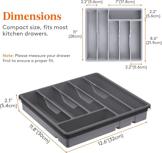 Lifewit Silverware Organizer with Lid, Covered Utensil Tray for Kitchen Drawer and Countertop, Plastic Cutlery and Flatware Storage Box for Spoons Forks Knives Holder, 6 Compartments, 2 Pack, Gray