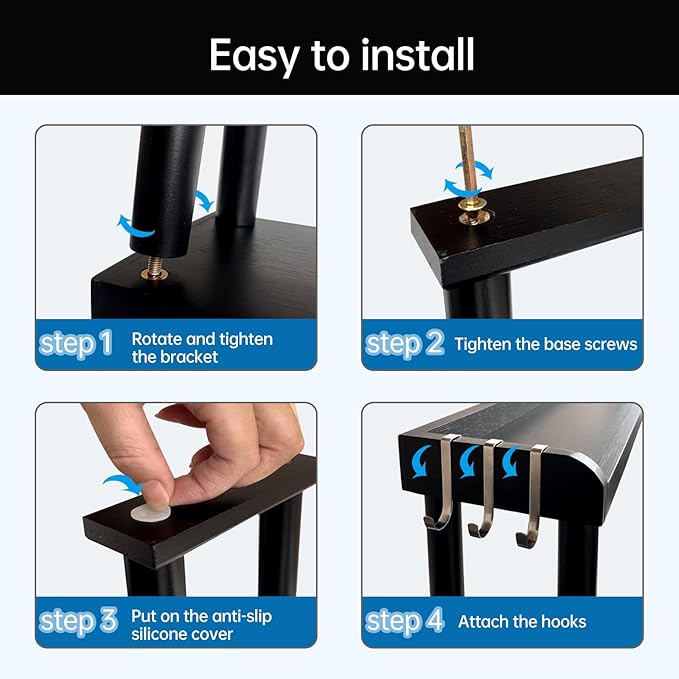 Over the Stove Shelf, Bamboo Stove Top Spice Rack for Kitchen,Wooden Stove Shelf for Back of Stove, Non-slip Countertop Seasoning Organizer with 6 hooks,Easy to Assemble 34.6*5.1*13.4” Black