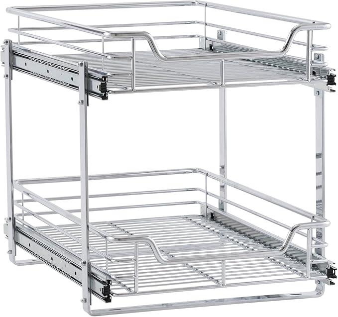 Household Essentials Glidez Multipurpose Chrome-Plated Steel Pull-Out/Slide-Out Basket Storage Organizer for Under Cabinet Use - 2-Tier Design - Fits Standard Size Cabinet or Shelf, Chrome