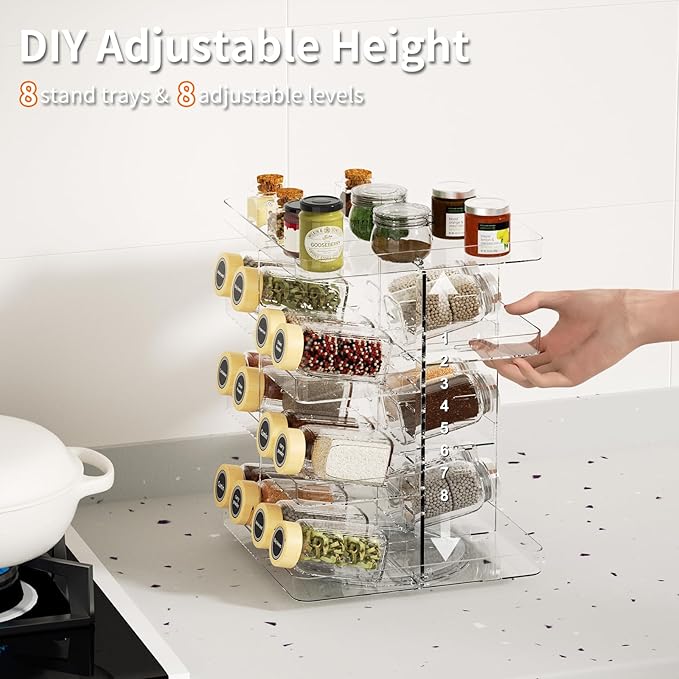 Revolving Spice Rack Organizer for Cabinet, DIY Adjustable 8 Tier Clear Rotating Spice Shelf Countertop, Space Saving Lazy Susan Seasoning Organizer for Kitchen, Pantry Cupboard Storage Turntable