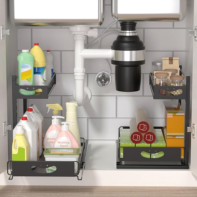2 Pack Under Sink Organizer with Pull-Out Drawers,Kitchen Storage Organization,Bathroom Organizers and Storage,Bathroom Shelves,Home Storage,Black