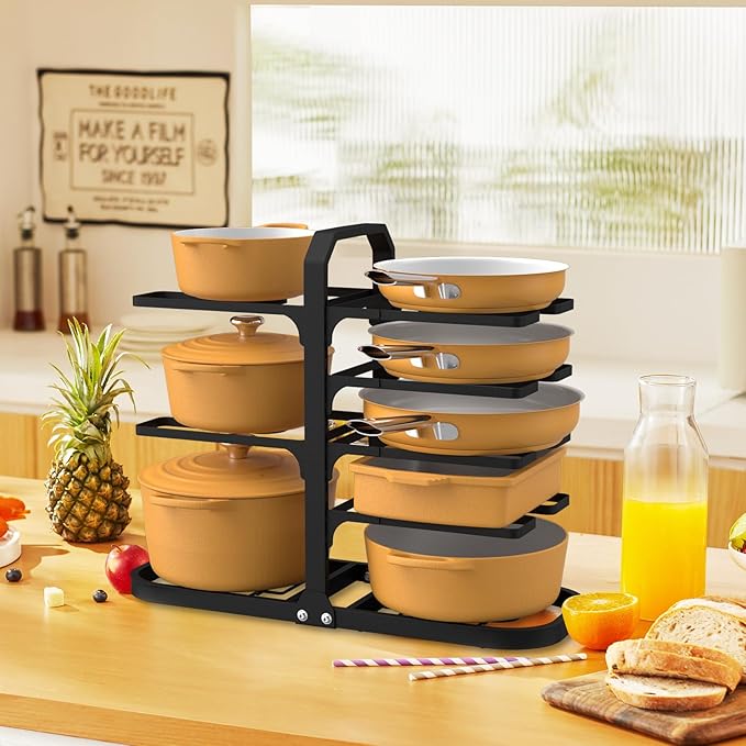 Podxco Pot and Pan Organizer for Under Cabinet, Thickened 8-Tier Adjustable Heavy Duty Pot Organizers Inside Cabinet, Rust-Resistance Pan Organizers Inside Cabinet for Cast-iron Pans, Heavy Skillets