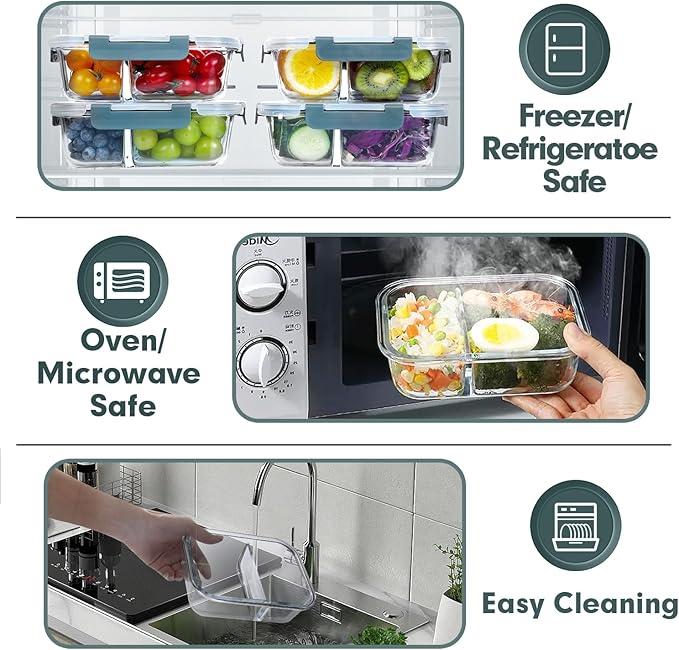 VERONES 10 Pack Glass Meal Prep Containers 2 Compartment Set, 30 OZ Airtight Glass Lunch Containers, Glass Food Storage Containers with Lids, for Microwave, Oven, Freezer & Dishwasher Friendly,Grey