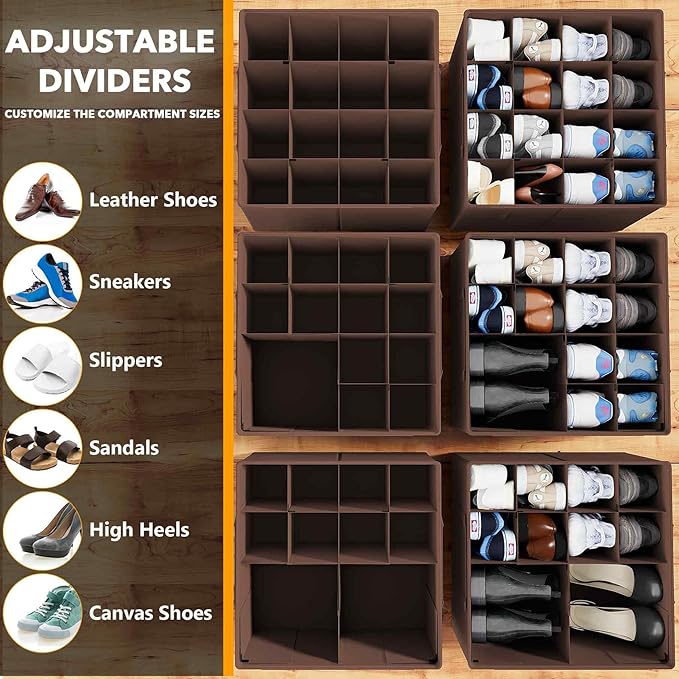 SpaceAid Shoe Organizer for Closet, 2 Pack Foldable Shoe Storage Containers Baskets Boxes Bins w/Adjustable Dividers, Fits 16-32 Pairs, Brown