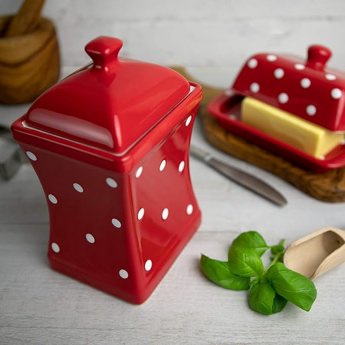City to Cottage Handmade Red and White Polka Dot Large Ceramic 31.5oz/900ml Kitchen Storage Jar with Lid | Pottery Canister, Cookie Jar, Housewarming Gift