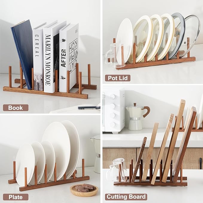 Pot Lid Plate Organizer Holder for Cabinet Space Saver-2 Pack Wooden Dish Drying Rack- Cutting Board Organizer Holder-Plate Rack for Dish/Pot Lid/Bowl/Cup/Cutting Board