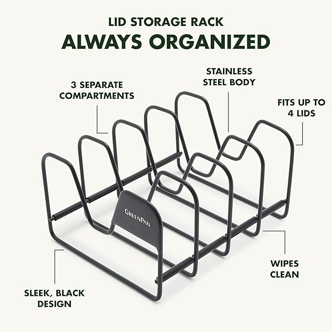 GreenPan Stainless Steel Wire Pots and Pans Lid Storage Rack, Holds 4 Lid Covers, Easy Storage, Countertop or Cabinent Organizer, Minimizes Clutter, Fast Drying, Wipes Clean, Black