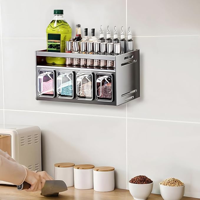 Kitchen Spice Rack, Kitchen Organizer and Storage Rack, Spice Organization for Cabinets Punch-free Wall/Countertop Home Decor Multifunctional Double Layer 4 Grid Condiment Rack, Gray