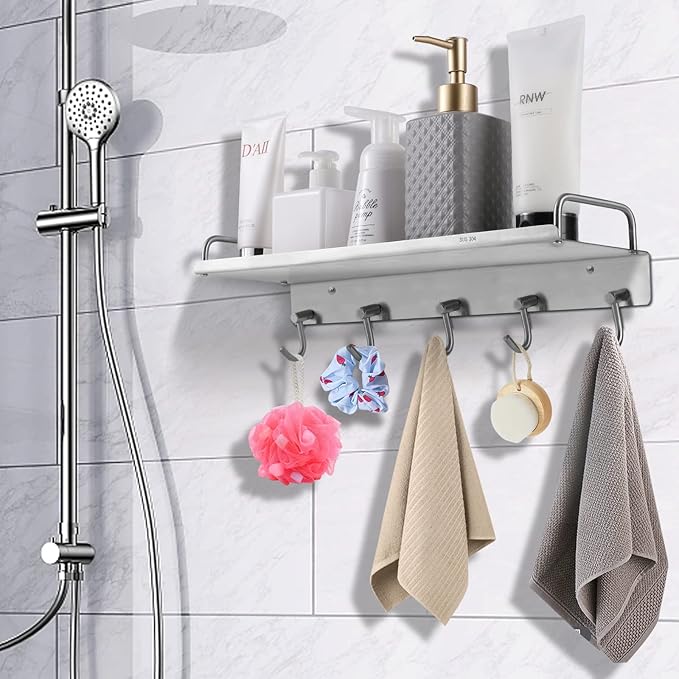 Spice Holder Rack Wall Mounted, Pots Pans Cups Hanger 16 Inch With 5 Hooks-Heavy Duty Small Kitchen Organizer - 304 Stainless Steel Shelf Coffee Mugs Storager for Glass Jars Bottles Utensil Cookware