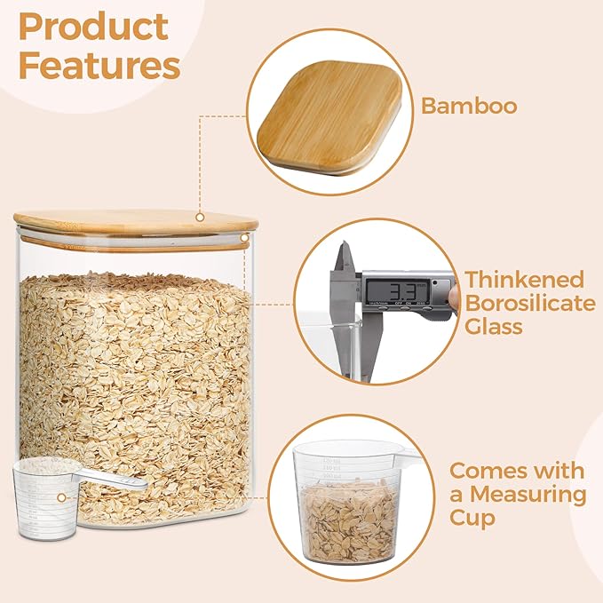 ComSaf 115 oz Glass Food Storage Containers, Cereal Storage Containers with Airtight Lids, Large Square Glass Jars with Bamboo Lids, for Rice, Pasta, Oats, Grains, Coffee Beans