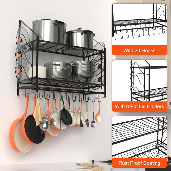 35 Inch Pot Rack Wall Mounted, 2 Tier Pots and Pans Organizer with 20 Hooks and 6 Pot Lid Holders, Heavy Duty Steel Pot and Pan Hanger for Kitchen Cookware Utensils Storage 34.7" Lx13 Wx26.4 H