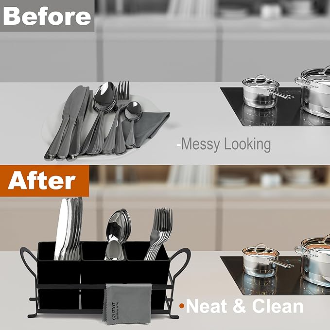 Cutlery Holder with Drain Holes, Silverware Caddy for Party Countertop, 3pcs Bins Set Utensil Holders for Spoon and Fork, Black