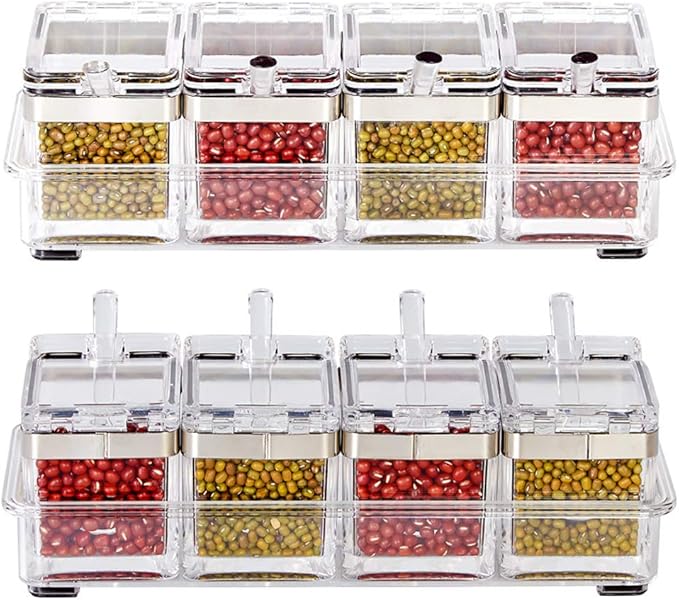 Seasoning Box Stainless 304 Steel Edge, Seasoning Rack Spice Pots, Storage Container Condiment Jars, 4 Piece Clear Acrylic Cruet with Cover and Spoon