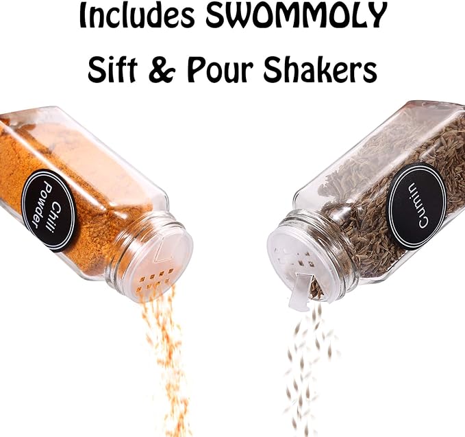 SWOMMOLY Spice Rack Organizer with 72 Empty Square Spice Jars, 340 Spice Labels with Chalk Marker and Funnel Complete Set,for Countertop,Cabinet or Wall Mount, Black