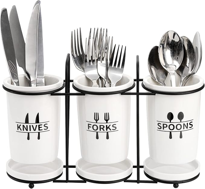 Fasmov Flatware Holder, 3-Piece Silverware Caddy Utensil Holder Ceramic Flatware Caddy with Metal Rack, Flatware Caddy White Ceramic Cutlery Organizer for Forks, Spoons, Knives
