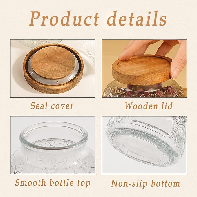 25oz Vintage Glass Jar with Lid, Embossed Glass Canister with Airtight Wooden Lid, Stackable Design for Kitchen Storage – Ideal for Coffee, Tea, Sugar, Flour, Cookies, and Grains
