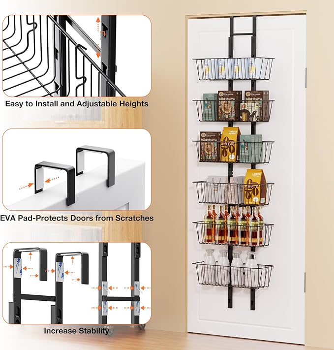 6 Tier Over the Door Pantry Organizer, Over the Door Spice Rack with Adjustable Baskets, Metal Hanging Door Pantry Organizers and Storage for Kitchen Bathroom Bedroom, Black