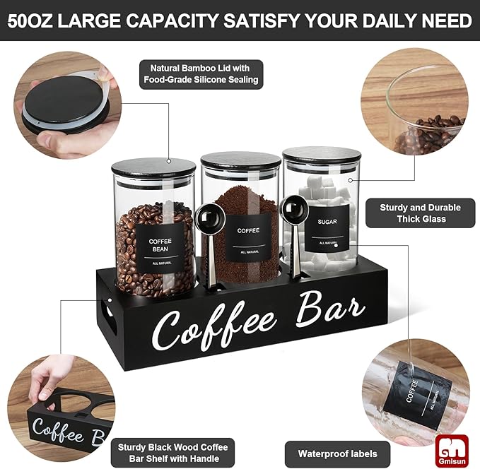 GMISUN Coffee Tea Sugar Container Set, 3 Pcs 50 Fl oz Bean Storage Canister With Airtight Lids, Black Glass Tea Sugar Holder Containers with Scoop/Shelf/Labels, Canisters Jars for Coffee Bar/Station
