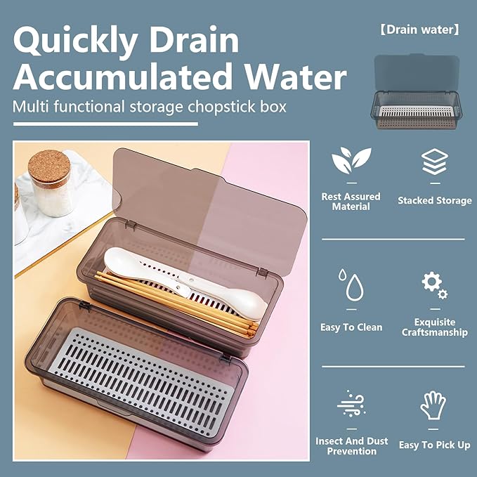 SUNSHNO 2PCS Flatware Tray with Lid and Drainer, Tableware Utensil and Cutlery Drawer Organizer with Lid Covered Silverware Tray to Keeps Your Cutlery Organized and Protected