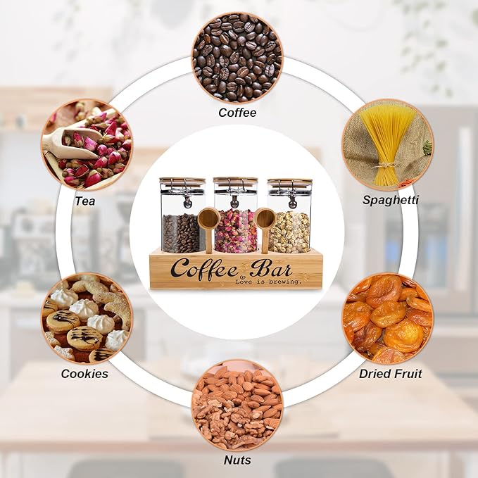 ZHAO Glass Coffee Containers with Shelf Airtight Coffee Bean Storage Jars with Locking Clamp Lid and Spoons Coffee Canister Set for Ground Coffee Sugar Tea Nuts Kitchen Food Containers
