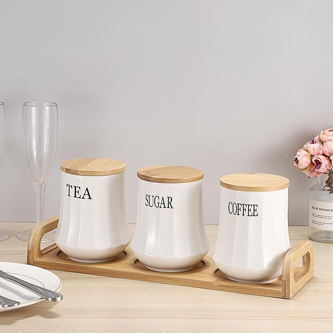 JUXYES Set of 3 Ceramic Canisters Set for Sugar Coffee Tea, Luxurious Storage Containers Sets with Serving Tray Decorative Storage Pots White Ceramic Storage Jar for Kitchen Counter Dining Room