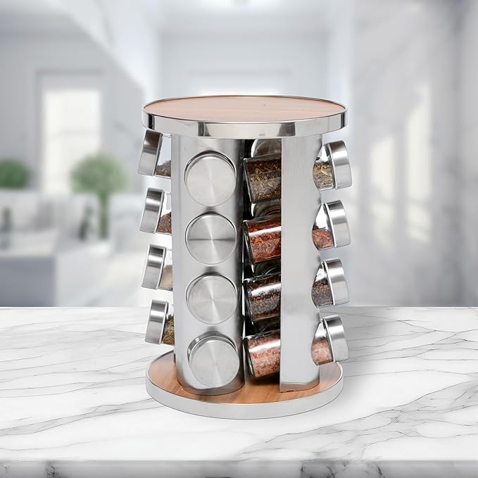Rotatable Spice Seasoning Organizer Rack with 16 Glass Jars, Ideal for Storing Spices, Salt, Pepper, Sugar and Dry Ingredients