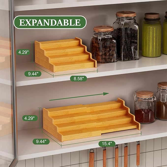 Spice Rack Organizer for Expandable 4-Tier, 2 Pack Adjustable Bamboo Spice Storage for Kitchen Cabinet, Pantry and Countertop Organization, Natural