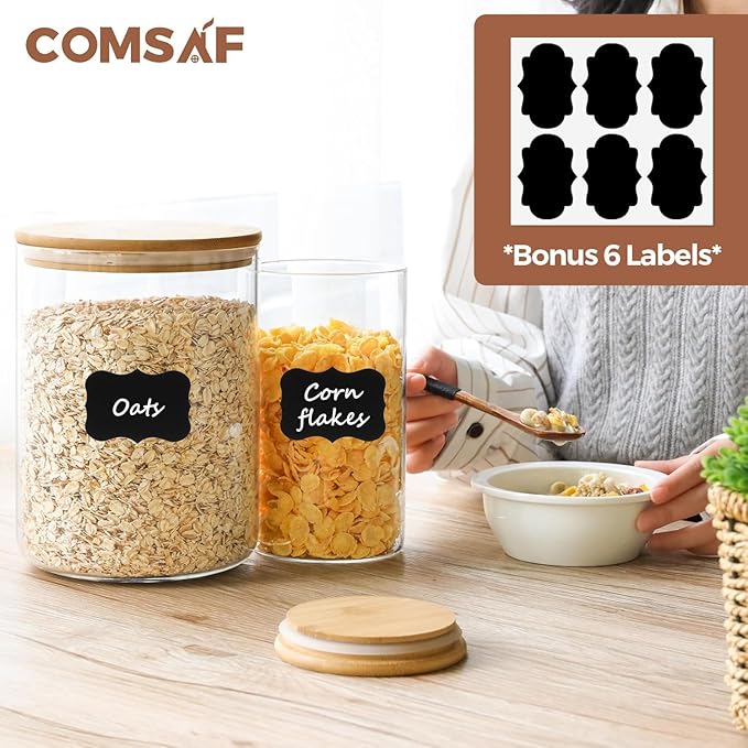 ComSaf Glass Jar with Airtight Lid (102 oz/41 oz), Glass Food Storage Container with Bamboo Lid, Clear Glass Food Canister Set of 2 for Dry food like Rice, Sugar, Flour, Pasta, Cereal, Beans, Nuts