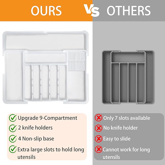 Homecor Silverware Organizer for Kitchen Drawer, Expandable Utensil Drawer Organizer with 2 Knife Block, Flatware and Cutlery Holder, Adjustable Plastic Storage for Spoons Forks Knives
