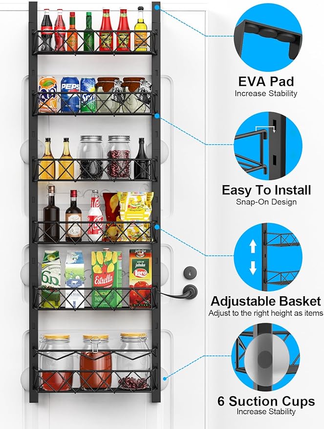 6-Tier Over the Door Pantry Organizer, Pantry Organizers and Storage, 6+1 Metal Hanging Wall Mount Spice Rack for Kitchen Behind the Door Storage Organizer with Adjustable Basket