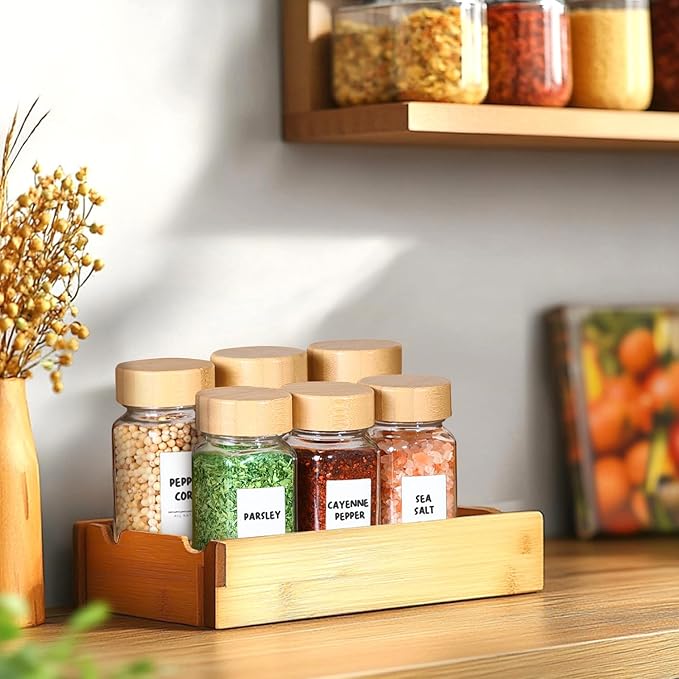 ComSaf 4 oz 6Pcs Glass Spice Jars with Label, Empty Spice Containers with Bamboo Lids, Square Seasoning Containers Trial and Supplement Set, Small Seasoning Bottles for Salt, Herbs, Sugar, Pepper