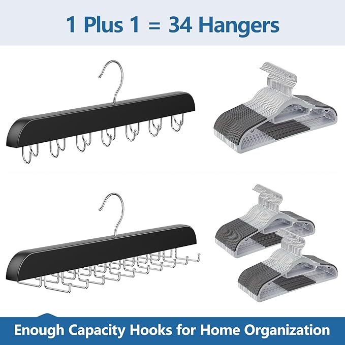 2 Pack Tie Rack & Belt Hanger 2 in 1 Tie Hanger Space Saving Max 42 Belts& 60 Ties Capacity for Closet Organizers and Storage, Sturdy Wood Belt & Tie Collection Organizer