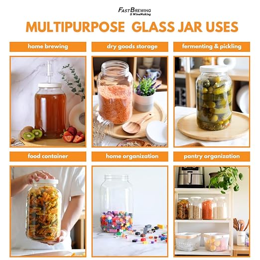 FastRack - One Gallon Wide Mouth Jar with White Metal Airtight Lid (Pack of 2) | Glass Canisters with Airtight Lids | Gallon Glass Jar with fermentation lids for brewing, fermentation and pickling