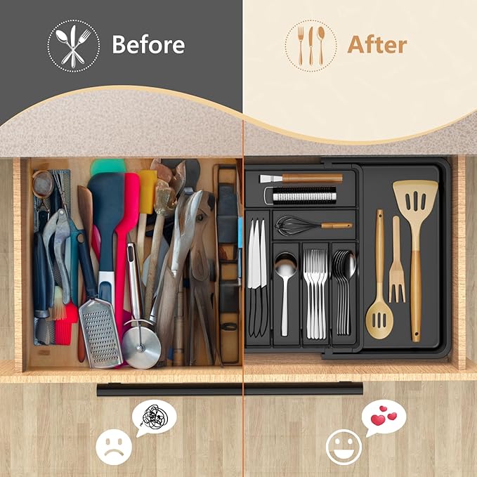 Large Silverware Drawer Organizer-Expandable From 22 to 36in-BPA Free Plastic Utensil Tray for Kitchen-Adjustable Flatware and Cutlery Holder for Spoons Forks Knives