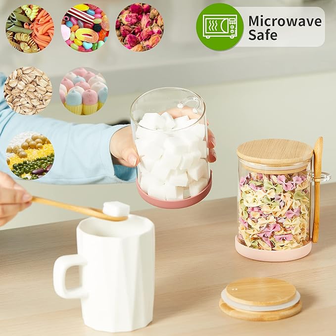 Mfacoy Set of 4 Airtight Glass Jars with Bamboo Lids & Spoons, 17 oz Borosilicate Overnight Oats Containers with Lids, Clear Food Storage Canister for Cookie, Candy, Coffee, Sugar, Matcha Tea, Flour
