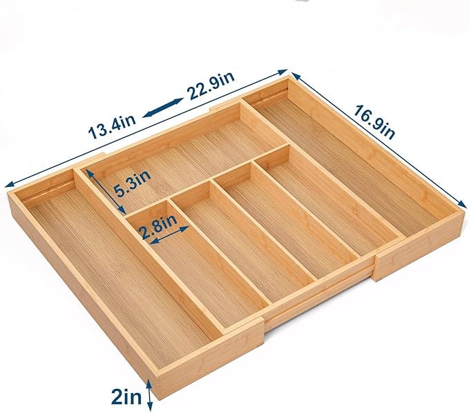 Expandable Kitchen Drawer Organizer,Bamboo Silverware Organizer for Utensils,Adjustable Flatware Tray(16.92 * 13.30~22.83 * 1.96)