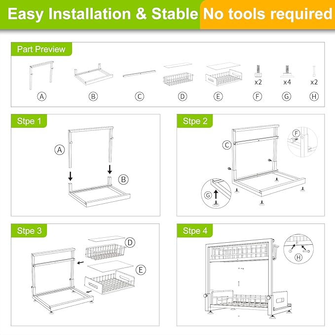Under Sink Organizer,Pull Out Cabinet Organizer 2 Tier Slide Out Sink Shelf Cabinet Organizer and Storage,Adjustable Metal Under Counter Organizer for Kitchen Bathroom Organization White