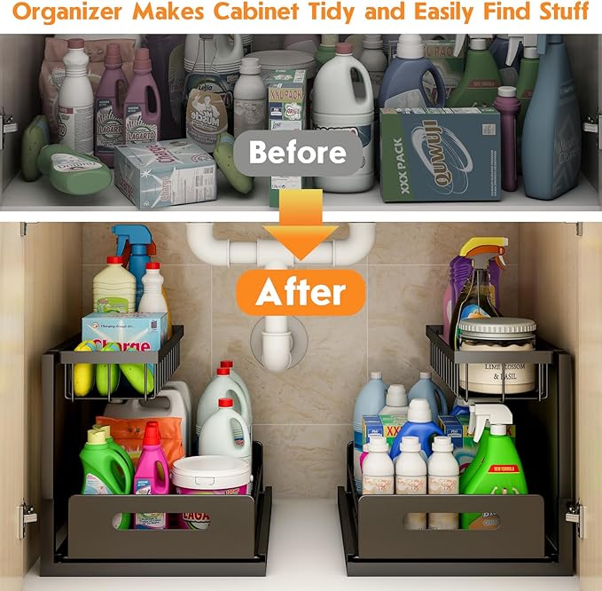 Webetop Under Kitchen Sink Organizers and Storage, 2 Tier Pull Out Cabinet Organizer, Multi-Purpose Sliding Shelf Under Bathroom Drawer- 14.2L x 10.6W x 11H
