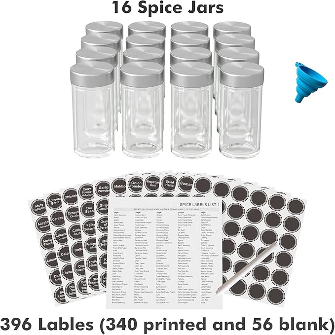 New England Stories Revolving Spice Rack Set with 16 Spice Jars, Kitchen Spice Tower Organizer for Countertop or Cabinet - Carousel Storage Includes 386 Spice Labels