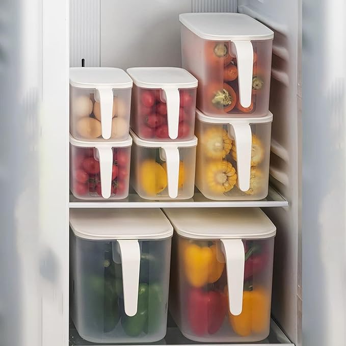 MineSign 4Pack Plastic Storage Containers with Lid Large Square Food Storage Organizer Stackable Refrigerator Organizer with Handle Kitchen Containers for Fruits Vegetables Meat Egg