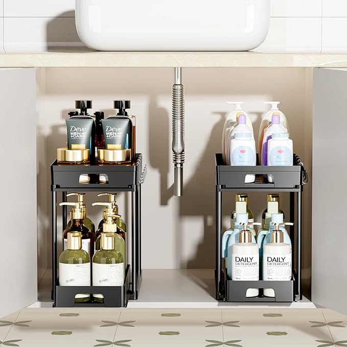 2 Pack Under Sink Organizers and Storage, Double Sliding Kitchen Bathroom Cabinet Organizer, 2 Tier Under Sink Storage for Kitchen Bathroom, Black Under Cabinet Organizer with Hooks
