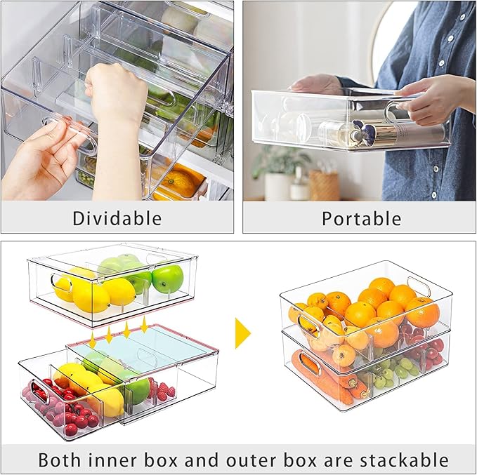 Mano Stackable Fridge Drawers Pull Out Bins with Handle Clear Refrigerator Drawers Organizer Food Storage Container Box with Dividers Plastic Produce Saver for Pantry, Cabinet, Kitchen, Clothes(7Pack)