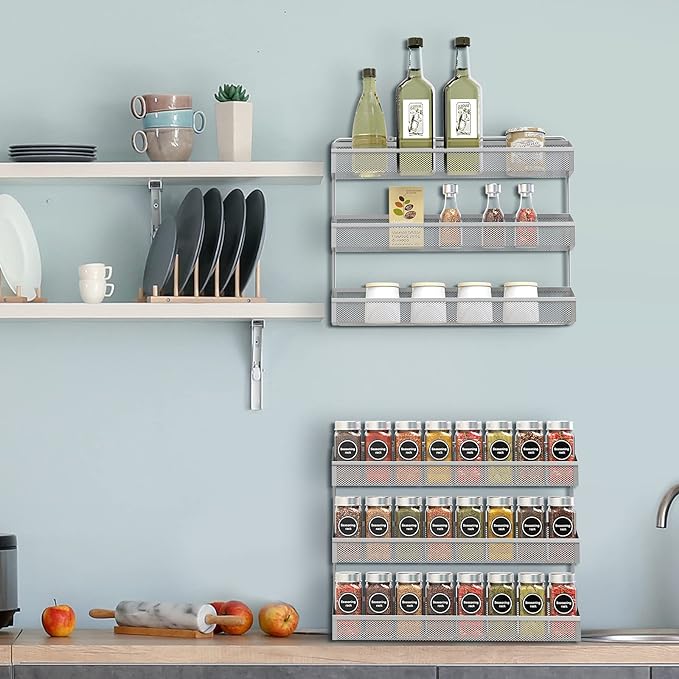 Auledio 2 Pack Spice Rack Organizer, 3 Tier Counter-top Stand or Wall Mounted Storage Rack Hanging Shelf for Kitchen Cabinet, Cupboard, Pantry Door or Bathroom Shower Cosmetic - Chrome