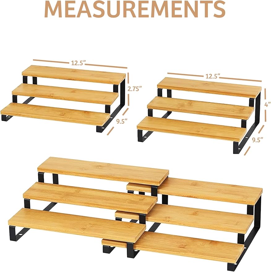 RoyalHouse Bamboo and Metal Expandable Spice Rack Organizer, Cabinet Shelf Organizers, 3-Tier Adjustable Kitchen Cabinet, Countertop Display Shelf, Space Organizer for Kitchen and Bathroom